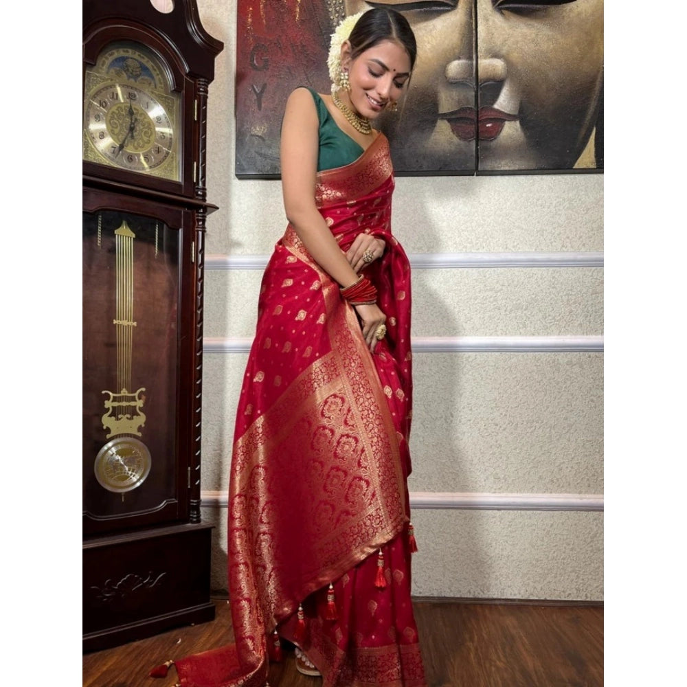 Red silk printed saree with unstitched blouse (5.5Mtr)