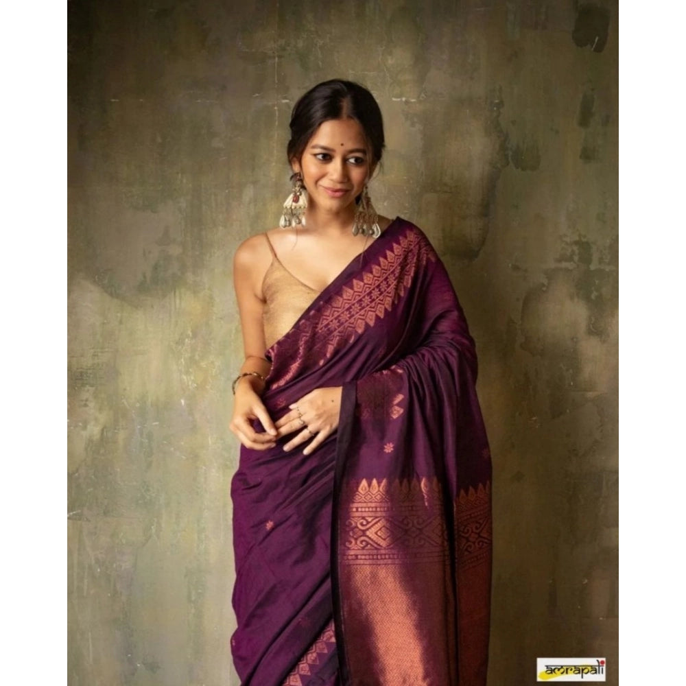 Wine silk printed saree with unstitched blouse (5.5mtr), intricate design on luxurious fabric