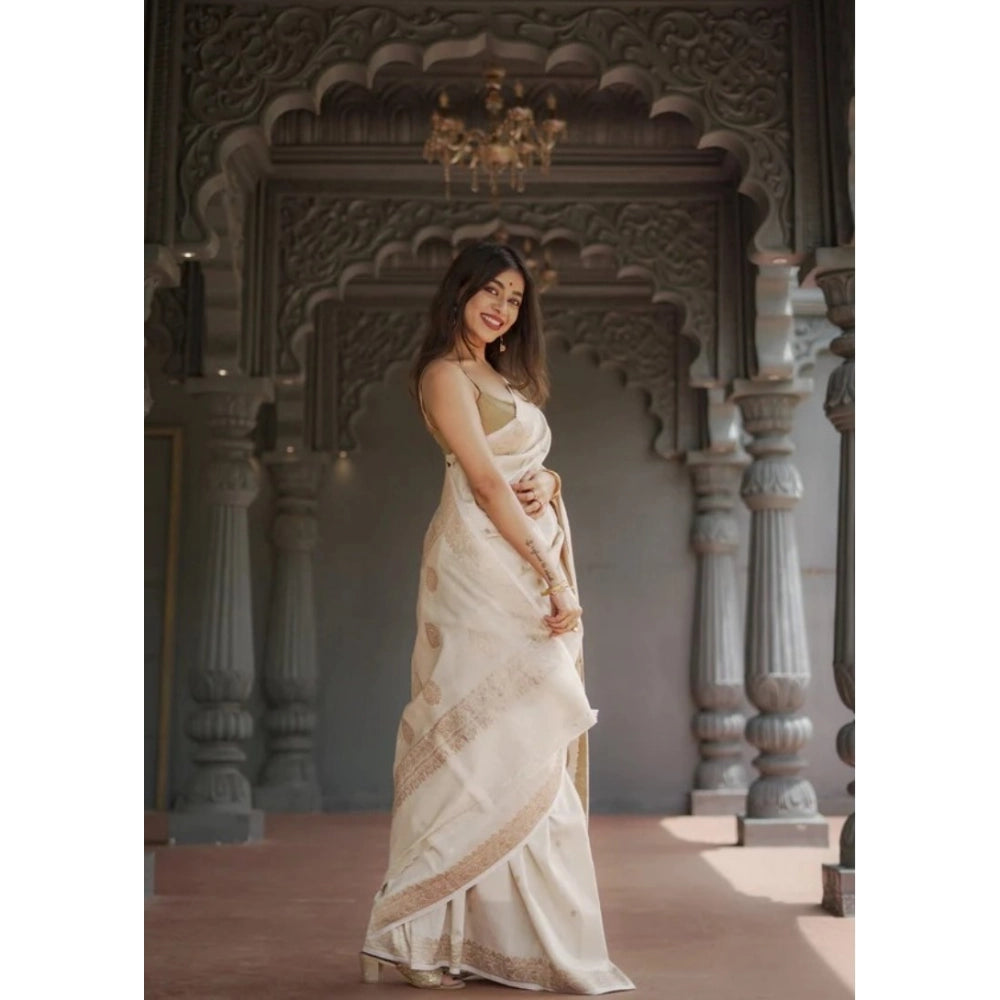 Cream cotton printed saree with unstitched blouse (5.5mtr), vibrant Indian traditional wear