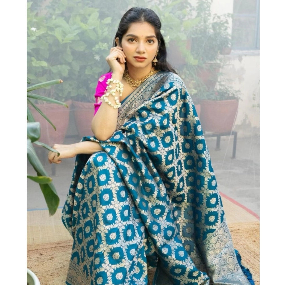 Sky blue silk printed saree with unstitched blouse, vibrant floral patterns on display