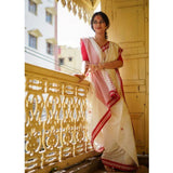 White cotton printed saree with unstitched blouse (5.5Mtr), vibrant design on display
