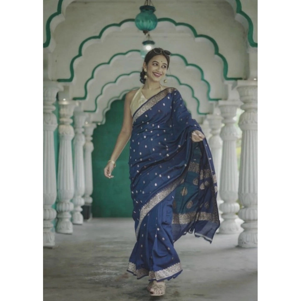 Navy blue cotton printed saree with unstitched blouse (5.5Mtr), vibrant Indian fashion wear
