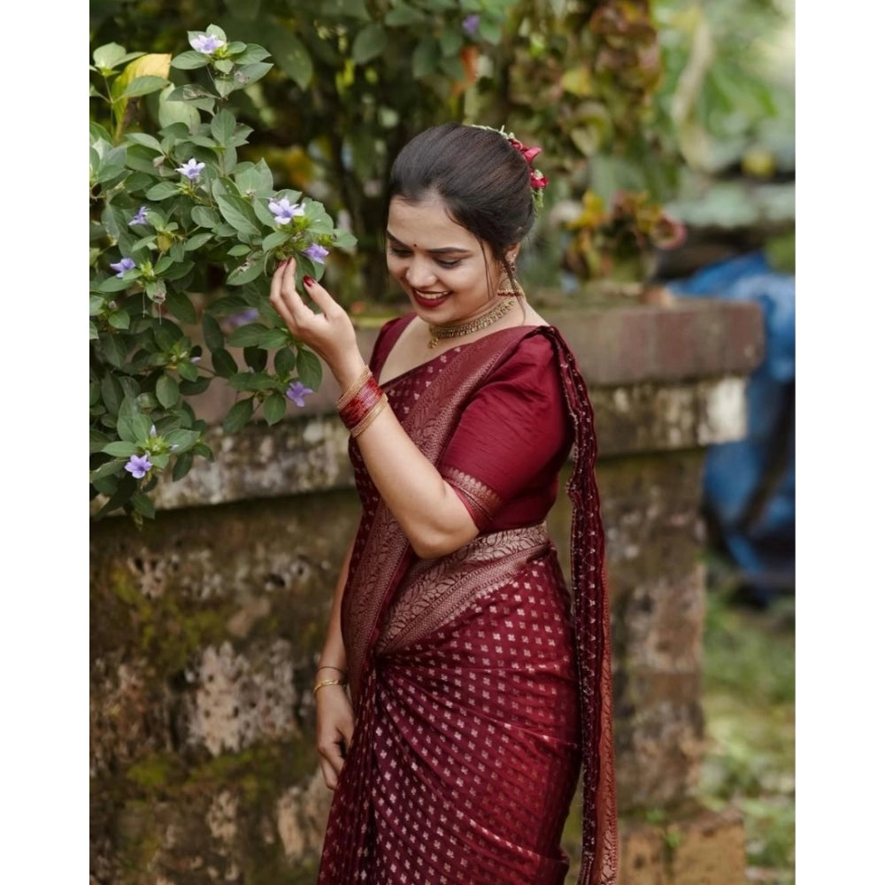 Maroon silk printed saree with unstitched blouse (5.5mtr), elegant women's traditional attire on hanger