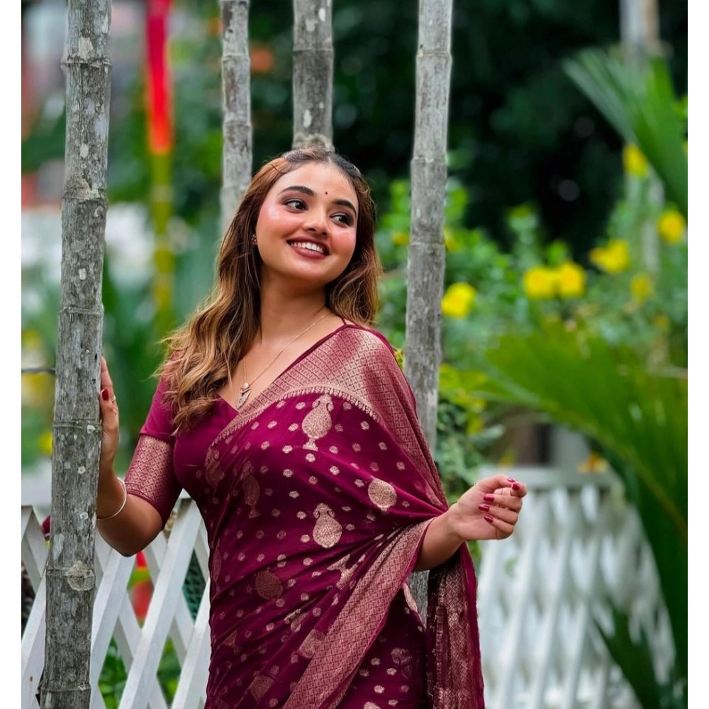 Wine silk printed saree with unstitched blouse (5.5Mtr), luxurious eastern wear for women