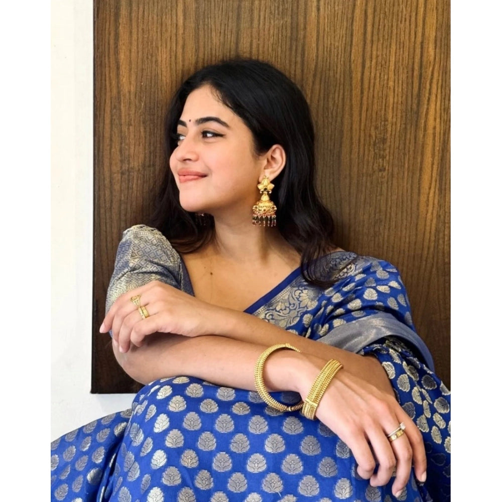 Royal Blue silk printed saree with unstitched blouse (5.5mtr) on mannequin for Indian traditional wear