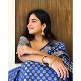 Royal Blue silk printed saree with unstitched blouse (5.5mtr) on mannequin for Indian traditional wear