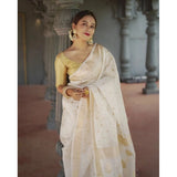 White cotton printed saree with unstitched blouse, vibrant design for traditional Indian wear