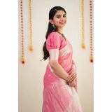 Women's Cotton  Printed Saree With Unstitched Blouse 5.5Mtr (Pink)