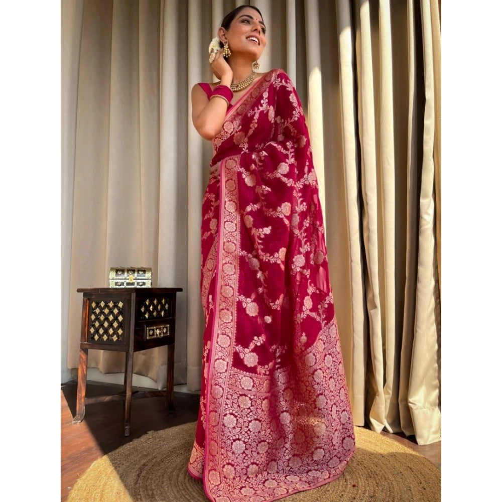 Pink silk printed saree with unstitched blouse (5.5Mtr), elegant Indian attire on mannequin