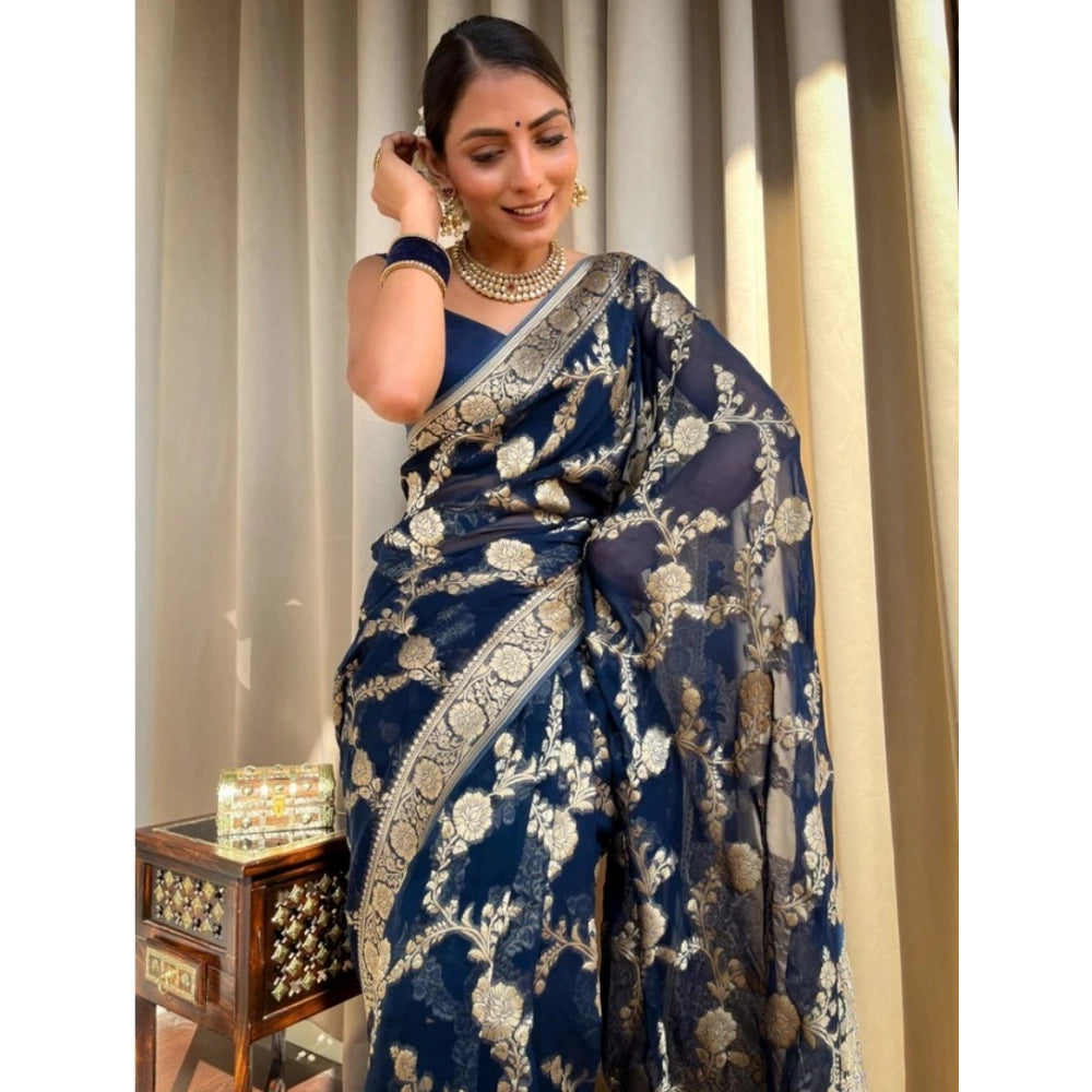 Dark blue silk printed saree with unstitched blouse (5.5Mtr), luxurious Indian fashion for women