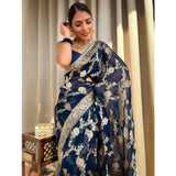 Dark blue silk printed saree with unstitched blouse (5.5Mtr), luxurious Indian fashion for women