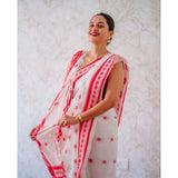 Women's Cotton  Printed Saree With Unstitched Blouse 5.5Mtr (White-Pink)