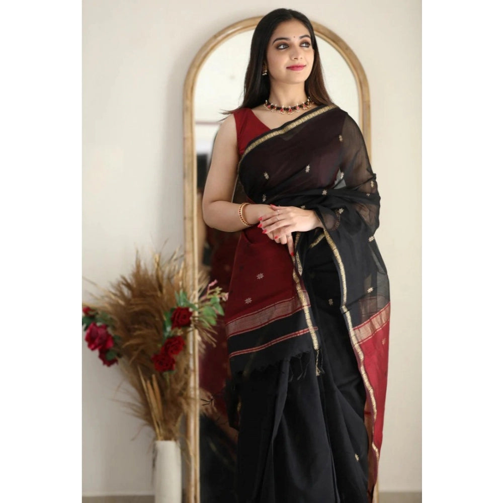Black cotton printed saree with unstitched blouse (5.5mtr) on mannequin