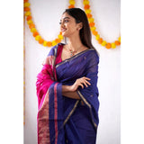 Women's Cotton  Printed Saree With Unstitched Blouse 5.5Mtr (Blue)