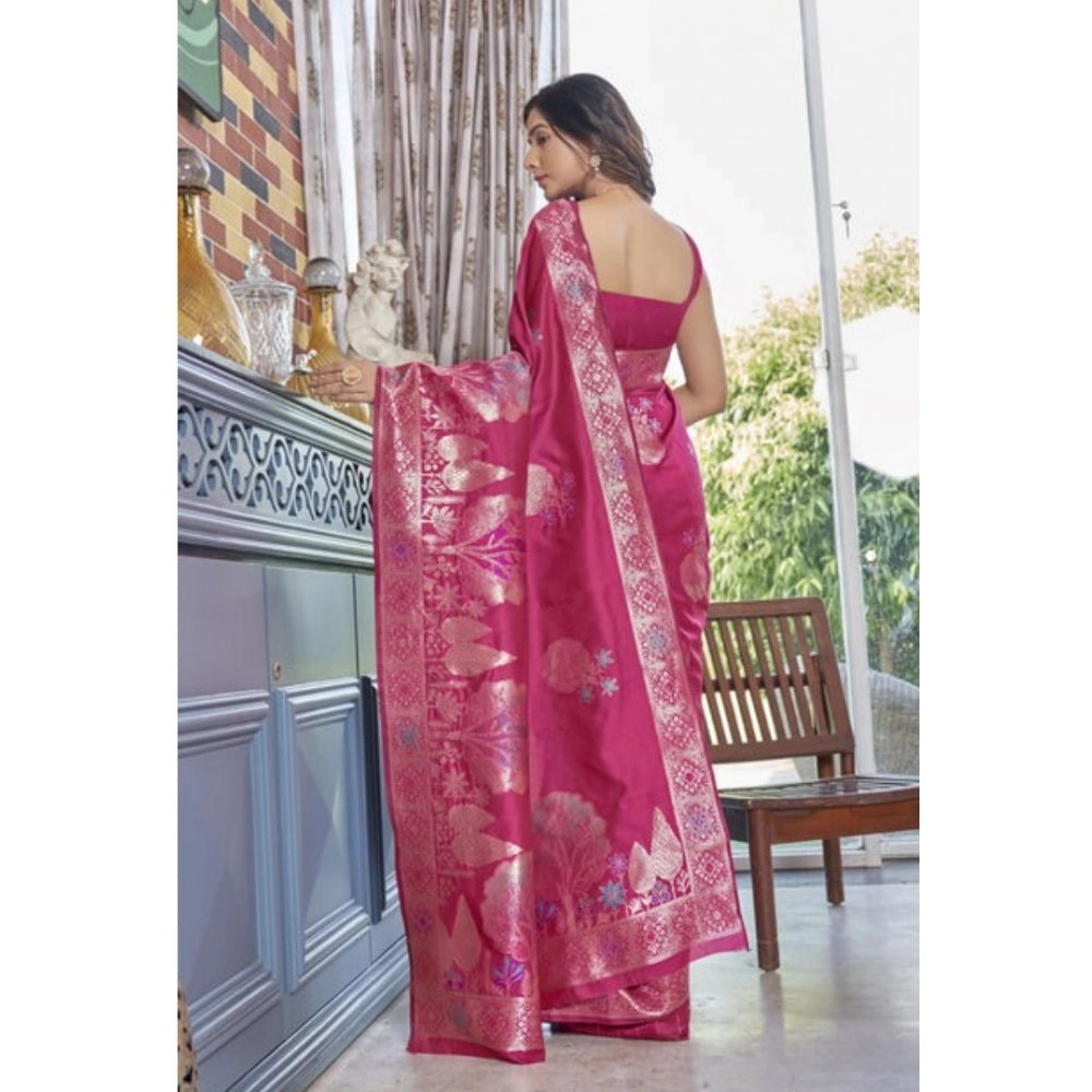 Rani Pink silk printed saree with unstitched blouse (5.5mtr), delicate floral patterns on luxurious fabric