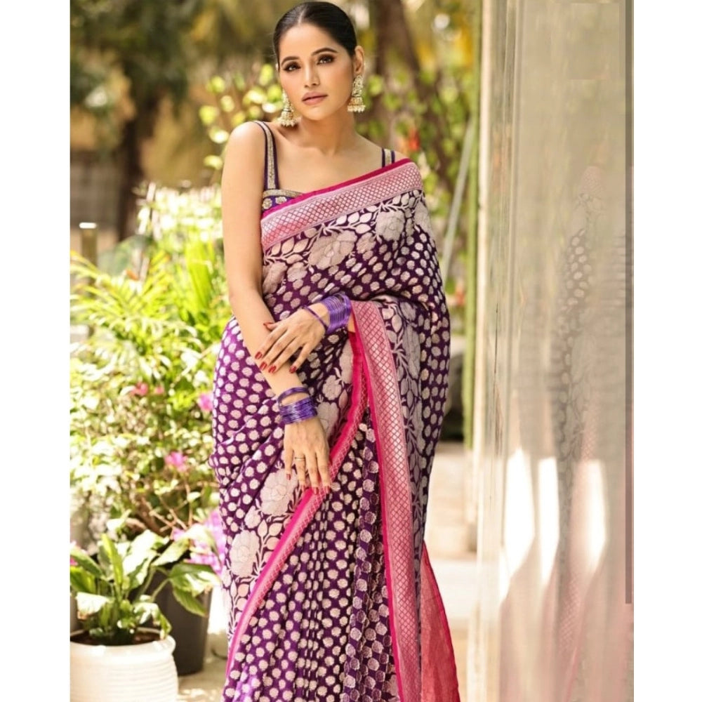 Purple silk printed saree with unstitched blouse (5.5mtr), elegant Indian women's attire on mannequin