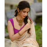 Off white-pink silk printed saree with unstitched blouse, elegant Indian women's wear for special occasions