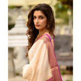 Off white-pink silk printed saree with unstitched blouse (5.5mtr), elegant Indian wear for women