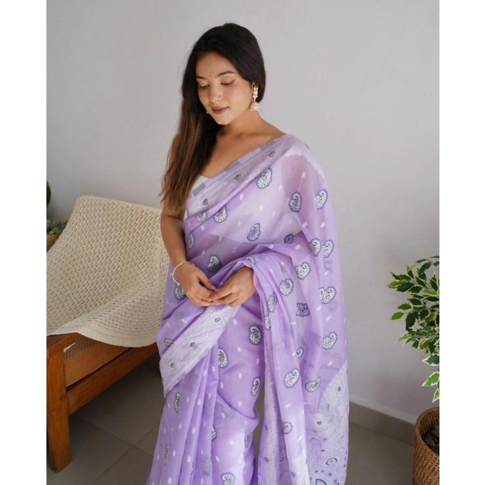 Lavender cotton printed saree with unstitched blouse, vibrant floral design for Indian women's traditional wear