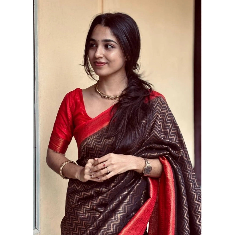 Brown silk printed saree with unstitched blouse (5.5mtr) on hanger