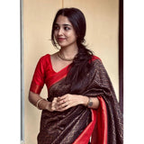 Brown silk printed saree with unstitched blouse (5.5mtr) on hanger
