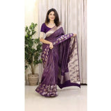 Purple silk printed saree with unstitched blouse (5.5mtr), high-quality Indian women's formal wear