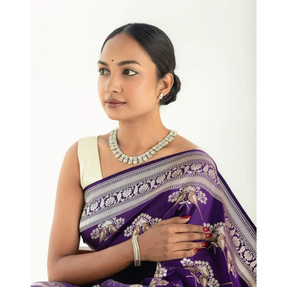 Purple silk printed saree with unstitched blouse (5.5mtr), luxurious Indian traditional wear on mannequin