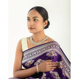 Purple silk printed saree with unstitched blouse (5.5mtr), luxurious Indian traditional wear on mannequin