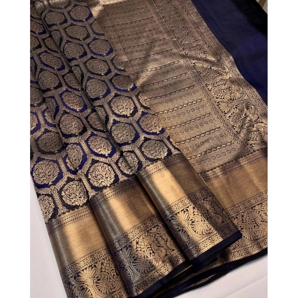 Navy Blue silk printed saree with unstitched blouse (5.5mtr), elegant Indian women's attire on mannequin
