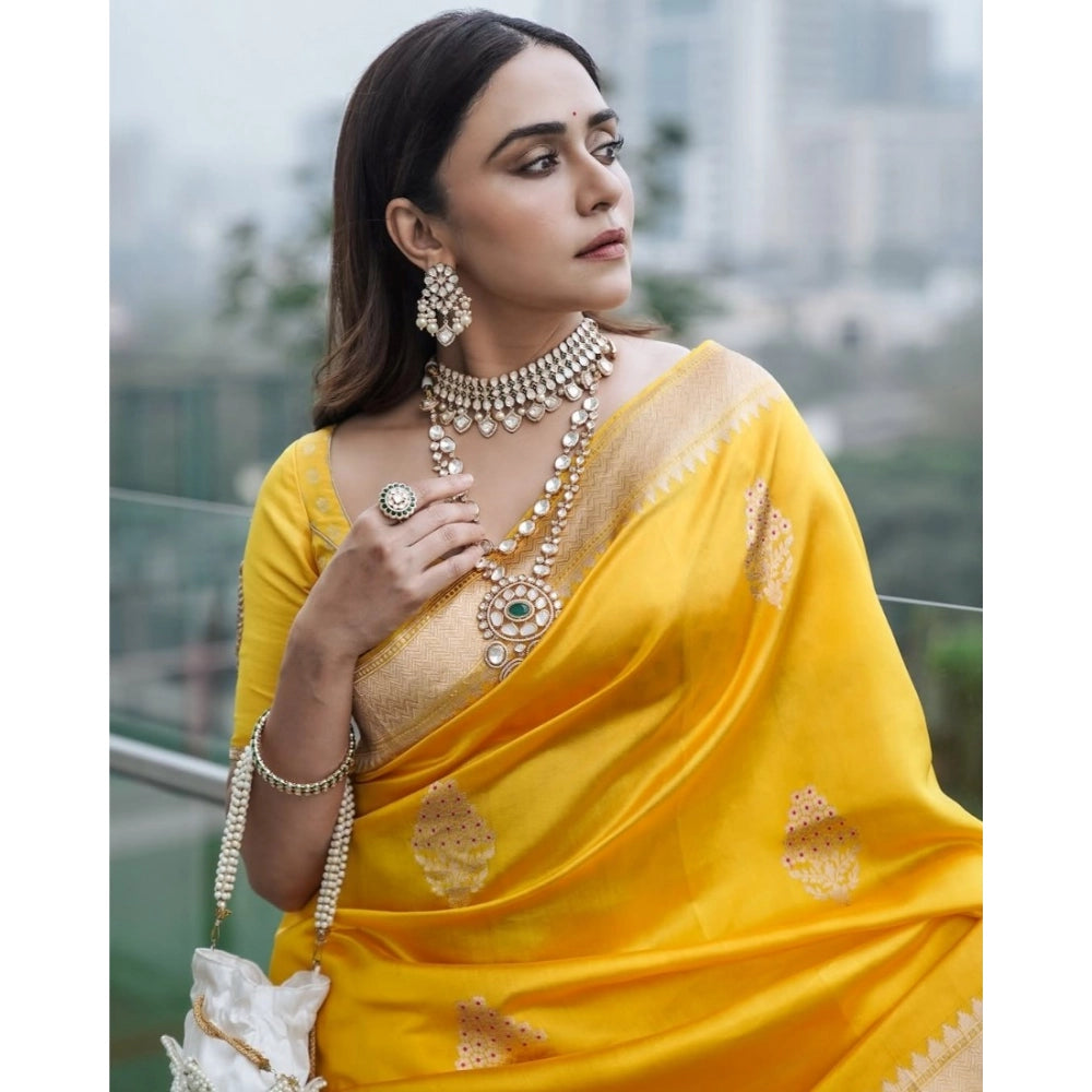 Yellow silk printed saree with unstitched blouse (5.5mtr), vibrant design on display