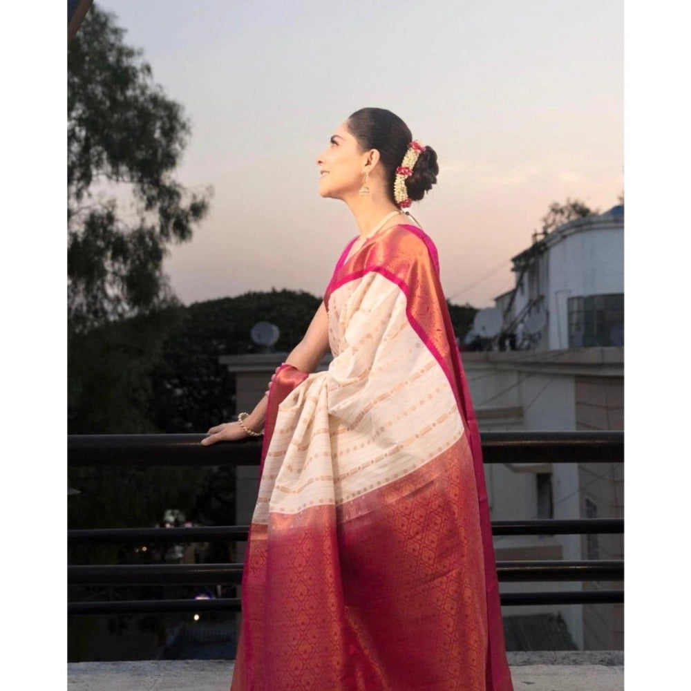 White-Pink silk printed saree with unstitched blouse (5.5Mtr) - elegant Indian traditional wear for women