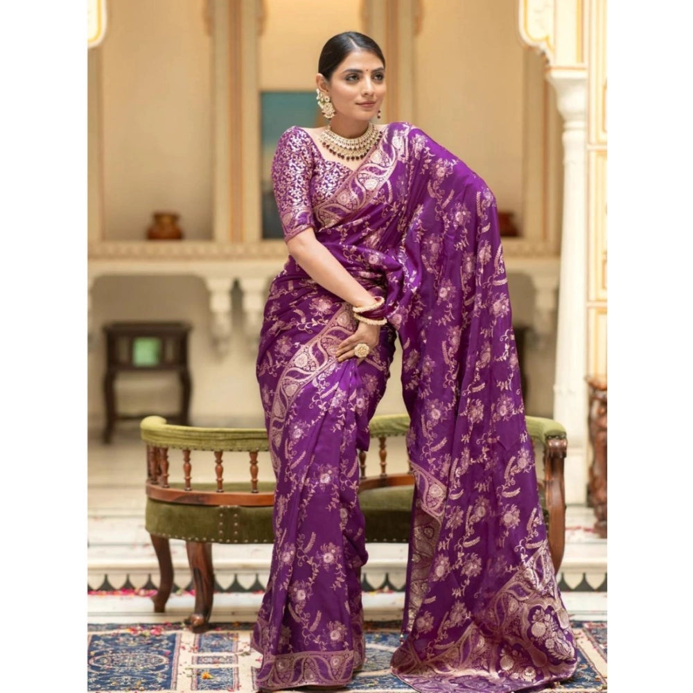 Purple silk printed saree with unstitched blouse (5.5Mtr), women's traditional Indian wear