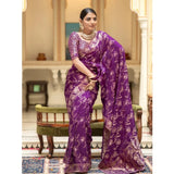 Purple silk printed saree with unstitched blouse (5.5Mtr), women's traditional Indian wear