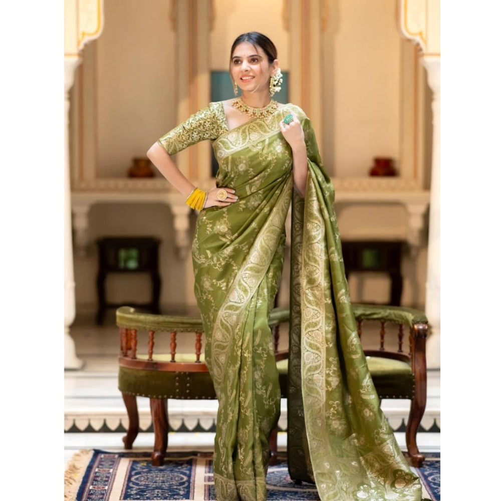 Olive green silk printed saree with unstitched blouse, 5.5Mtr on mannequin