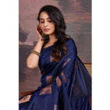 Navy blue silk printed saree with unstitched blouse, 5.5mtr length on mannequin