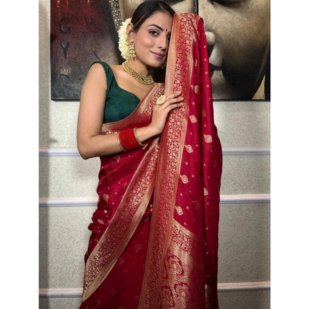 Red silk printed saree with unstitched blouse (5.5Mtr) - vibrant Indian fashion accessory for women on display