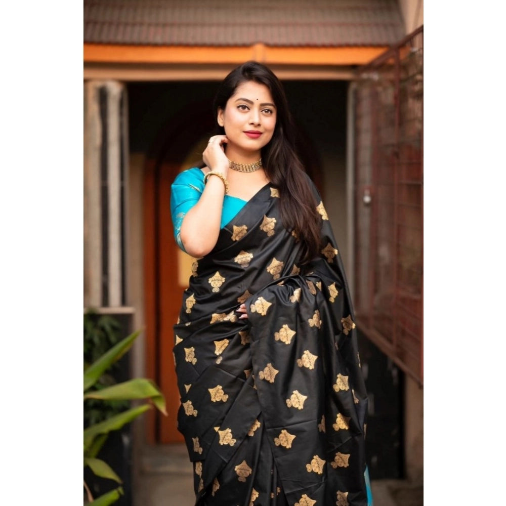 Sky blue silk printed saree with unstitched blouse, vibrant pattern details for women's traditional Indian wear