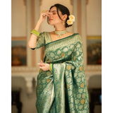 Green silk printed saree with unstitched blouse (5.5mtr), elegant Indian attire on mannequin