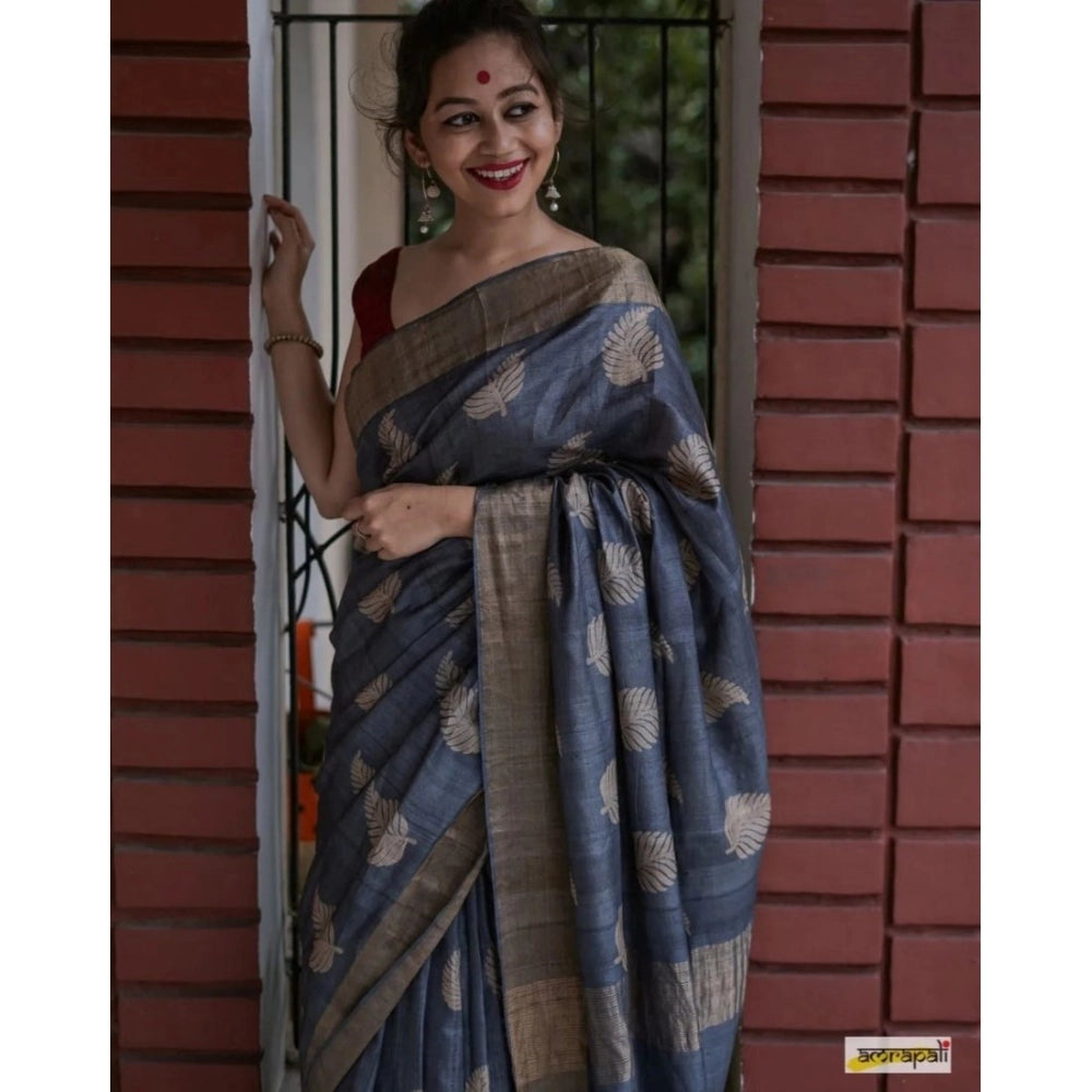 Grey silk printed saree with unstitched blouse, 5.5mtr length for women's fashion