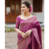 Purple silk printed saree with unstitched blouse, rich patterns for traditional Indian wear