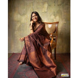 Coffee silk printed saree with unstitched blouse, 5.5mtr length on model