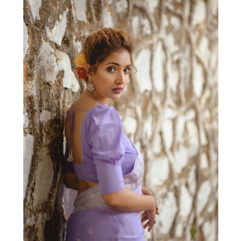 Lavender cotton printed saree with unstitched blouse (5.5mtr), vibrant Indian fashion accessory on mannequin