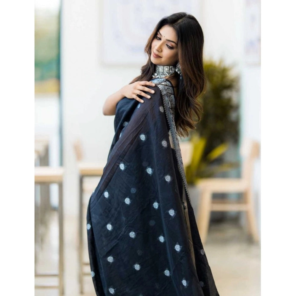 Black cotton printed saree with unstitched blouse (5.5mtr) on mannequin