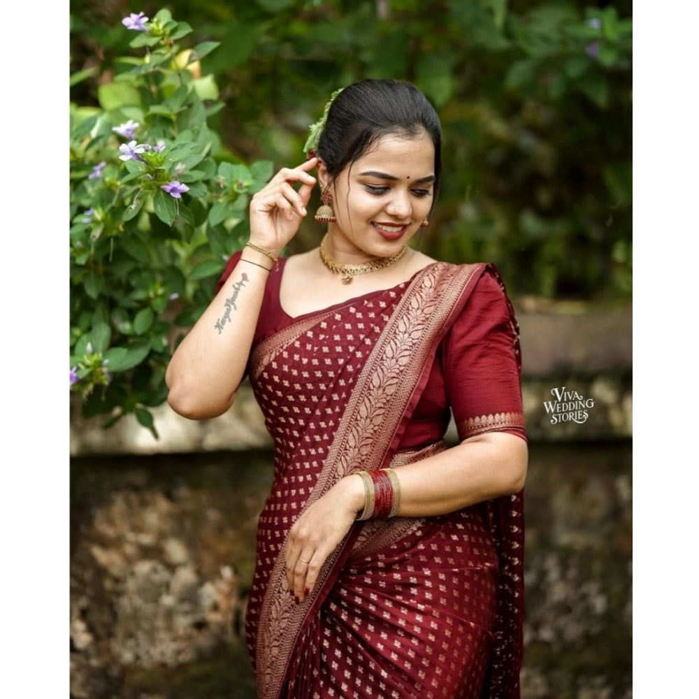 Maroon silk printed saree with unstitched blouse, vibrant Indian traditional wear for women