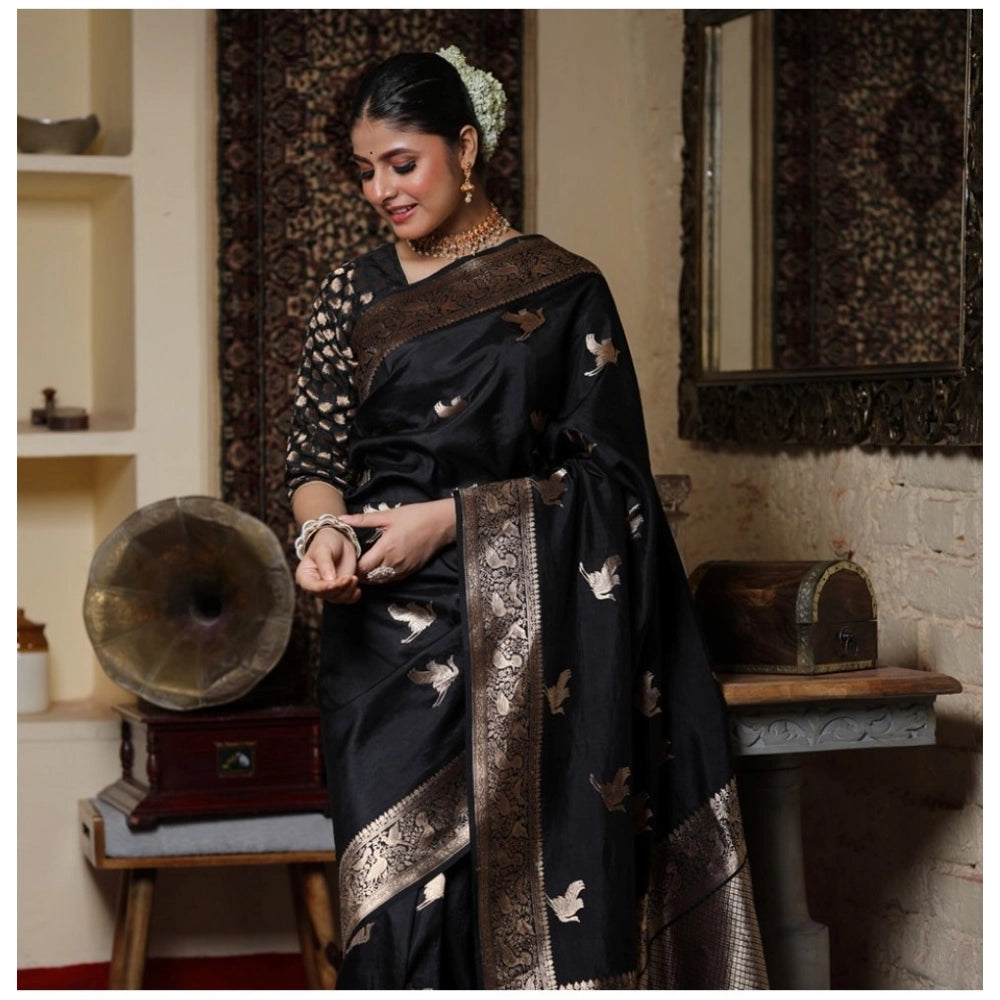 Black silk printed saree with unstitched blouse (5.5mtr) - traditional Indian women's wear on display