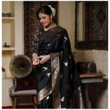 Black silk printed saree with unstitched blouse (5.5mtr) - traditional Indian women's wear on display