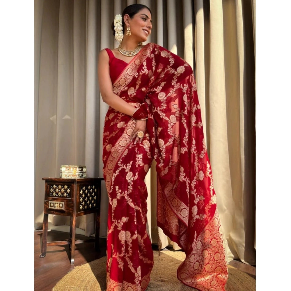 Red silk printed saree with unstitched blouse (5.5mtr)
