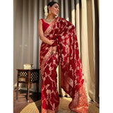 Red silk printed saree with unstitched blouse (5.5mtr)