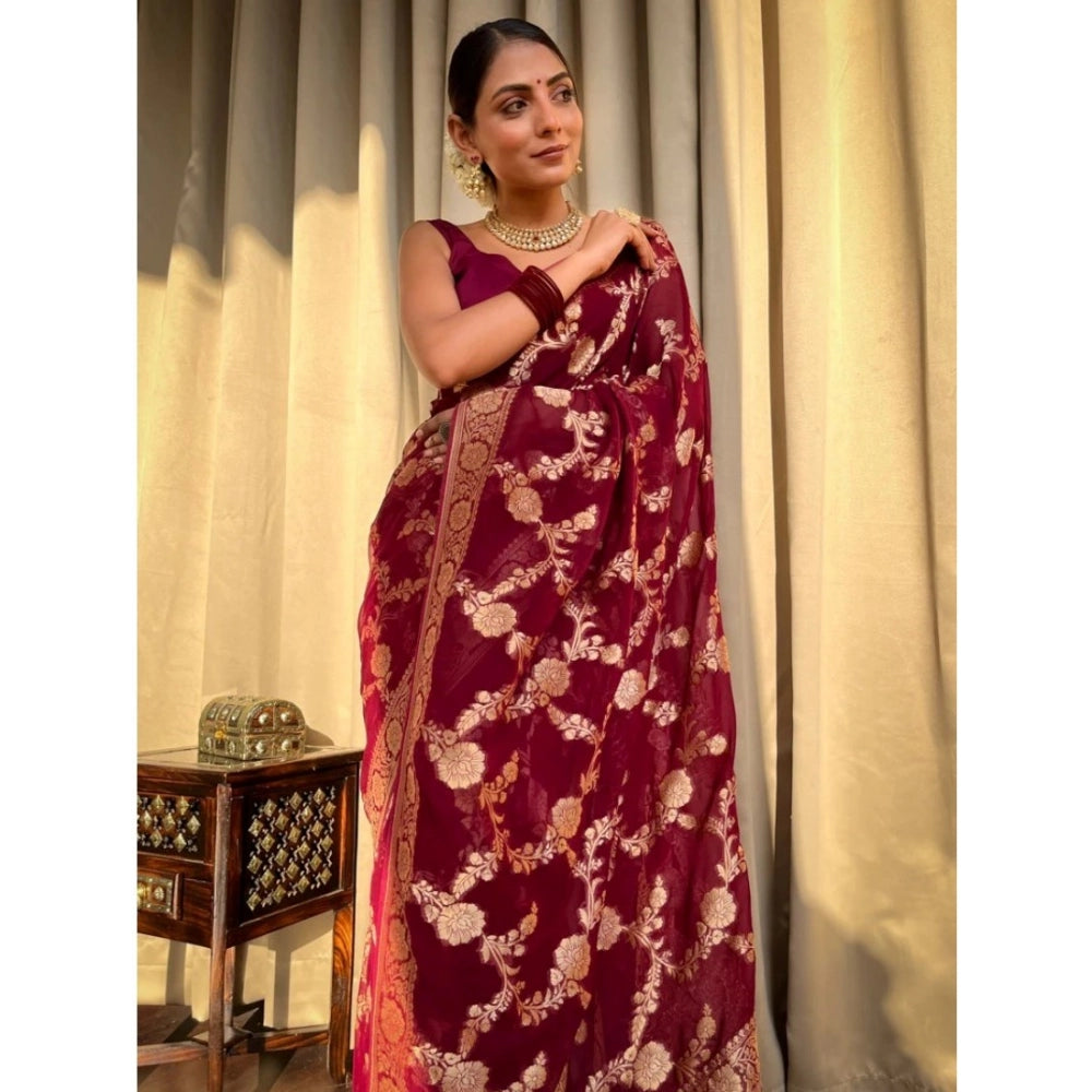 Maroon silk printed saree with unstitched blouse (5.5Mtr), high-quality Indian women's traditional attire