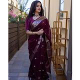 Maroon cotton printed saree with unstitched blouse (5.5Mtr) - Indian women's fashion, cotton apparel